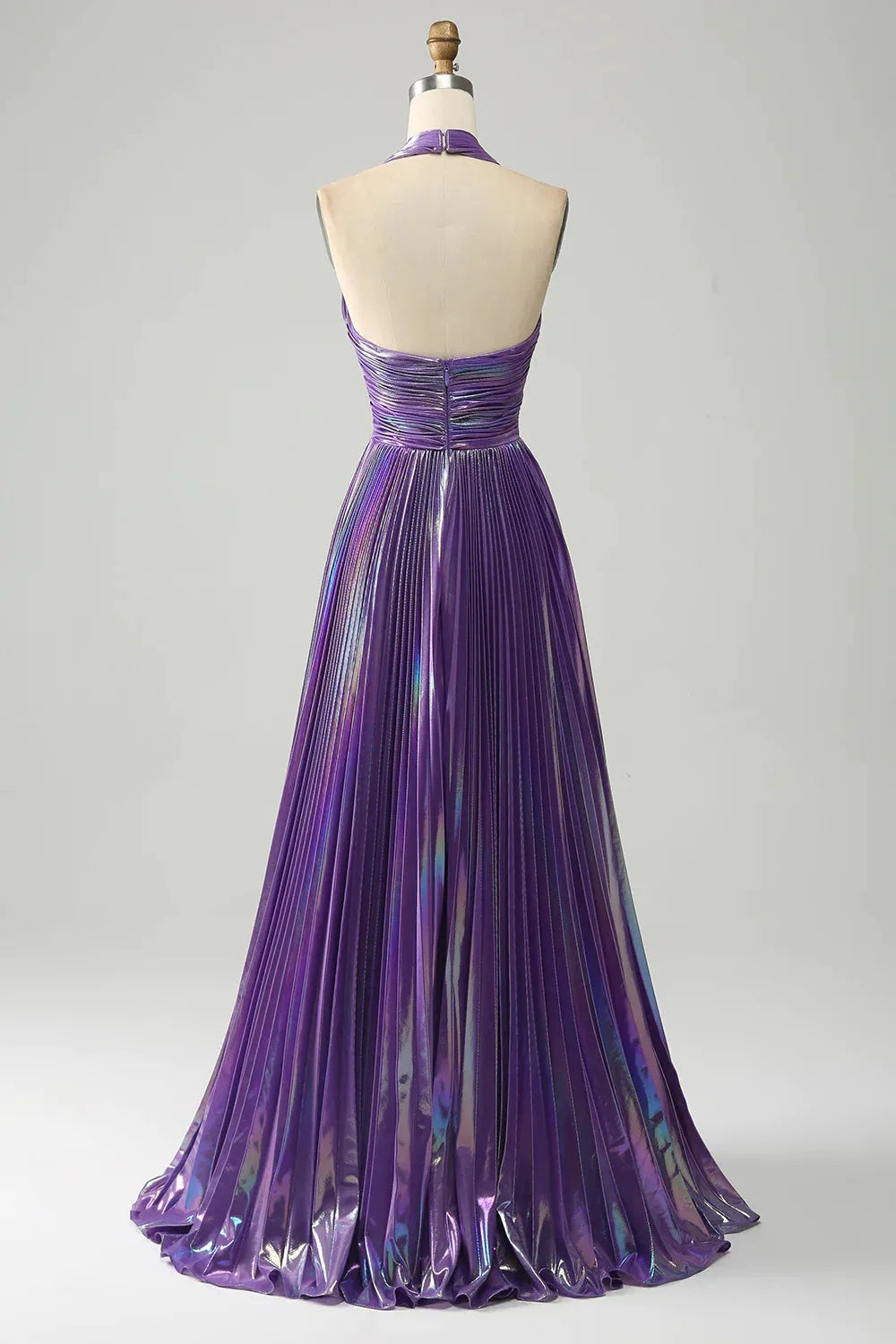 Wholesale Dark Purple Halter Neck A-Line Long Bright Prom Dress With Split long prom dresses with sleeves